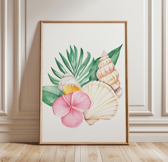 Watercolor Seashells and Pink Hibiscus Tropical Beach Botanical Poster