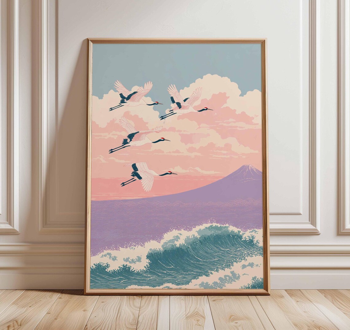 Japanese Cranes, Mount Fuji and Ocean Wave Art Print