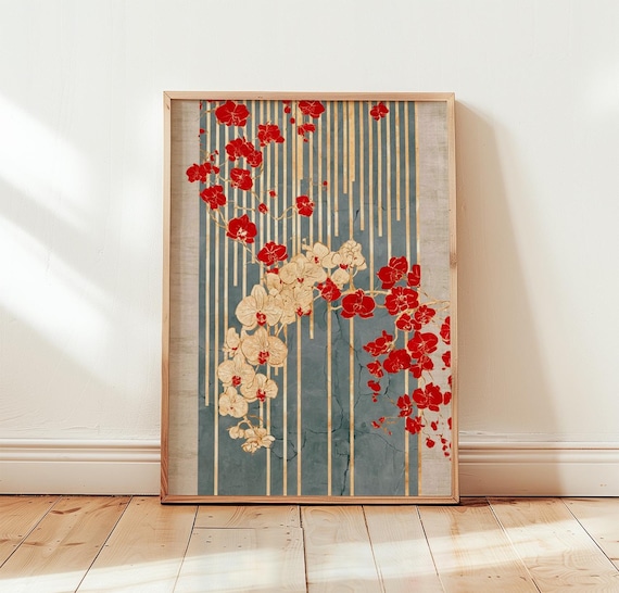 Cascading Red Orchid Blossoms Blue Batik Style Floral Art Print