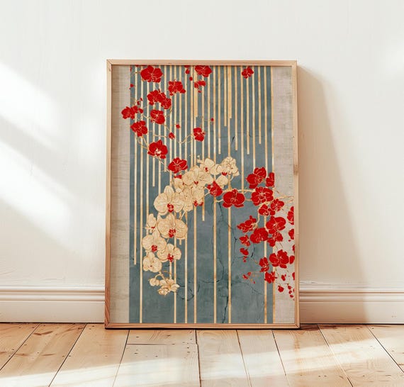 Red Orchid Print Blue Botanical Wall Art Batik Paper Poster