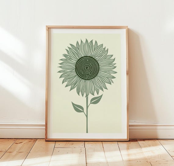 Green Sunflower Print Botanical Labyrinth Wall Art Linocut Poster