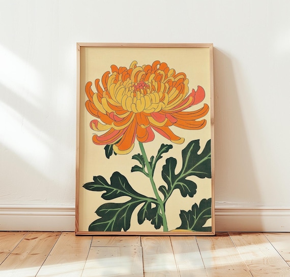 Orange Chrysanthemum Bloom Japanese Style Botanical Flower Poster