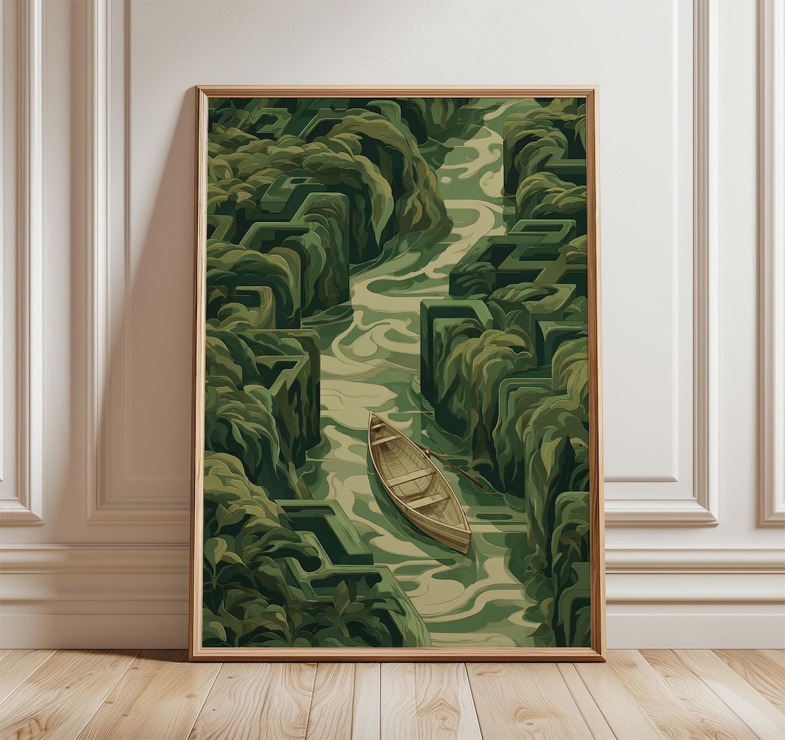 Boat In Forest Maze River Surreal Landscape Poster