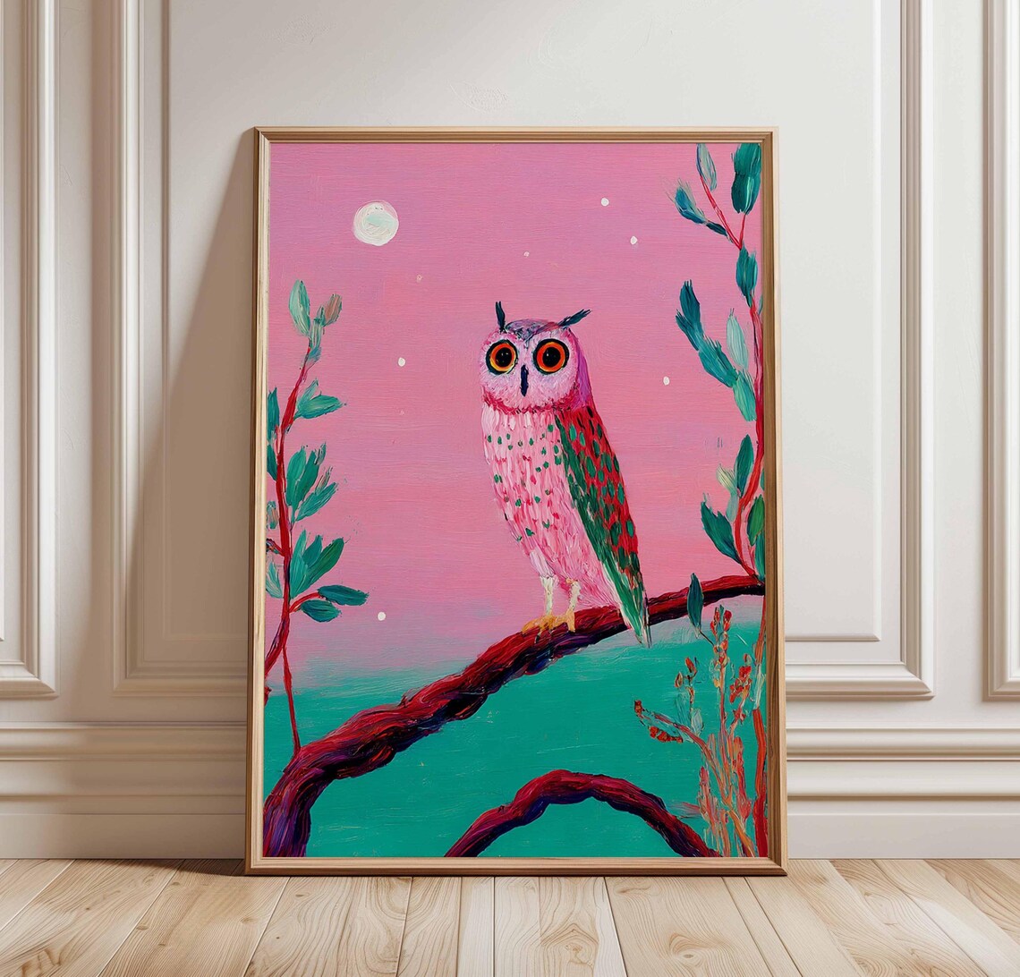 Pink Owl on Branch Under Moon Dreamy Pink and Teal Wildlife Poster