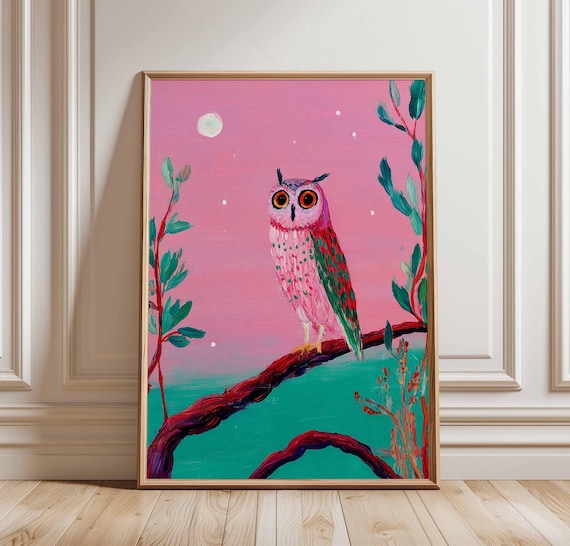 Pink Owl on Branch Under Moon Dreamy Pink and Teal Wildlife Poster