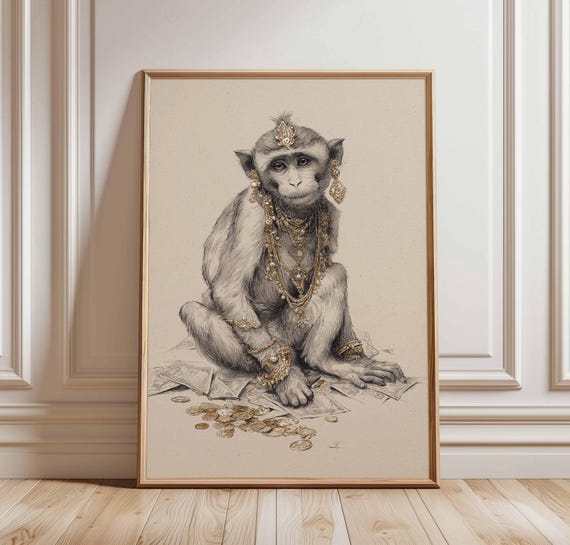 Rich Monkey Poster Print Gold Jewelry Animal Art Humorous Luxury Wall Decor Detailed Sketch Artwork Funny Illustration Unframed