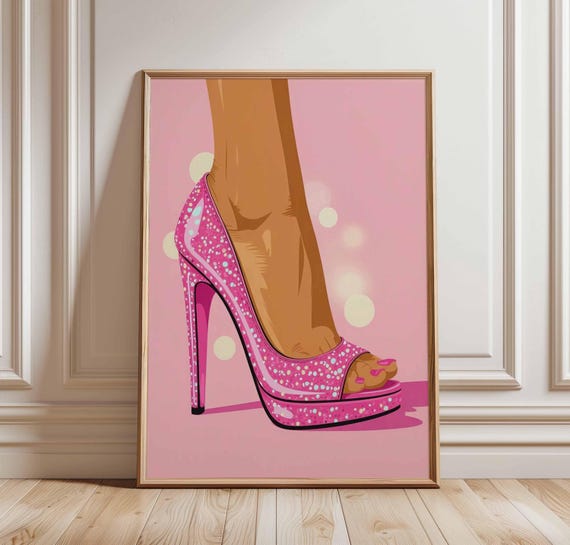 Pink High Heel Poster Glam Fashion Wall Art Print Pop Shoe Decor Girly Bedroom Artwork Sparkle Heels Illustration Diva Room