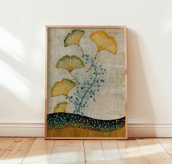 Ginkgo Leaves Botanical Art Golden Yellow Linen Texture Nature Poster