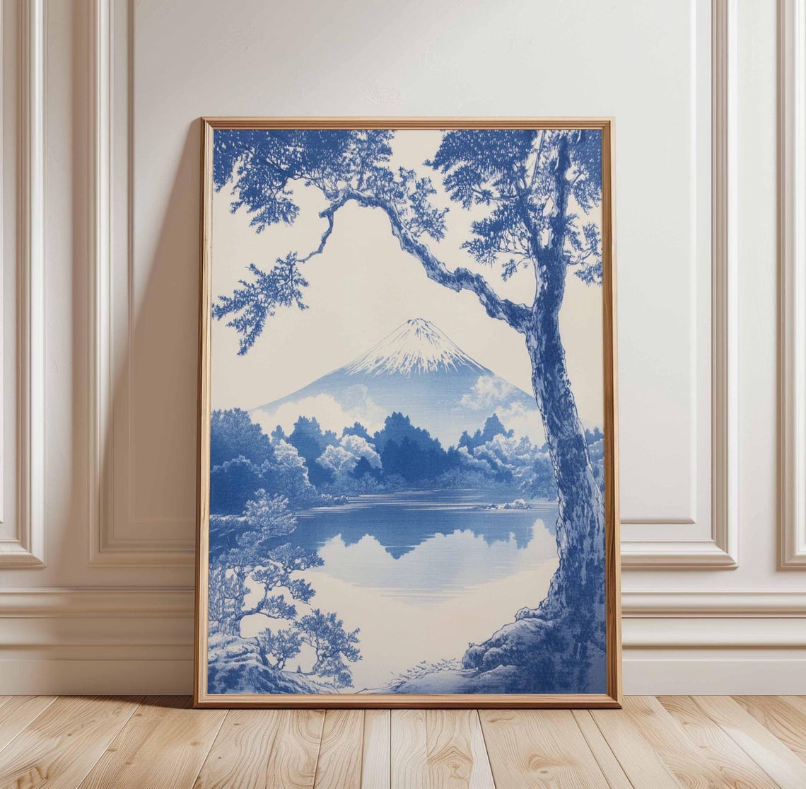 Mount Fuji Blue White Japanese Landscape Pine Lake Art Poster