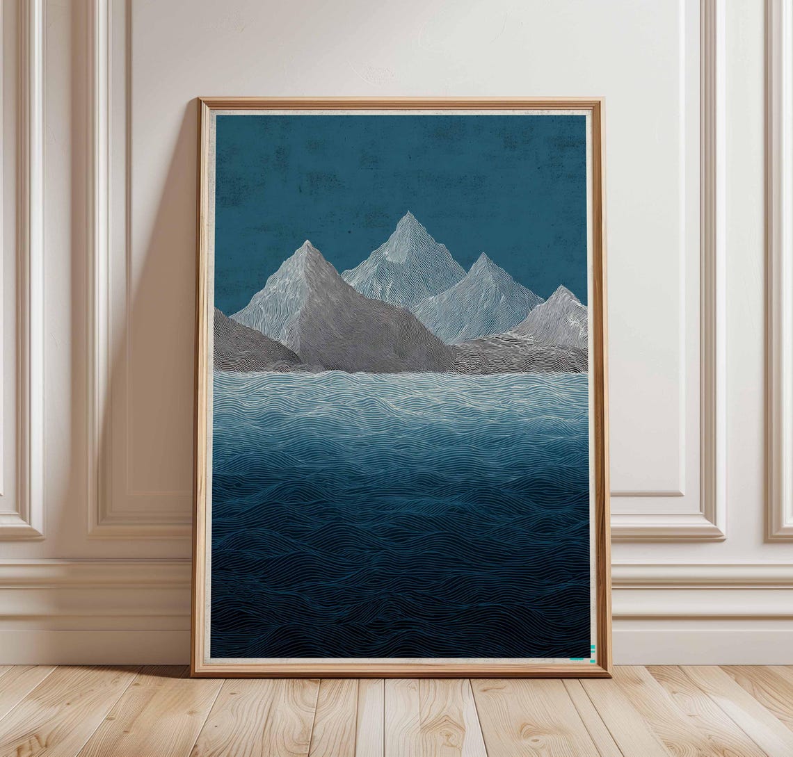 Minimalist Mountain and Ocean Wave Line Art Nordic Teal Poster