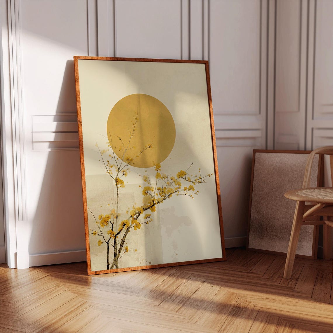 Minimalist Japanese Wall Art Yellow Sun And Blossom Poster Zen Botanical Print For Modern Home Living Room Decor - Image 5
