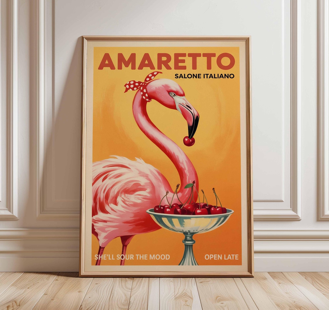 Amaretto Flamingo Vintage Italian Cocktail Poster