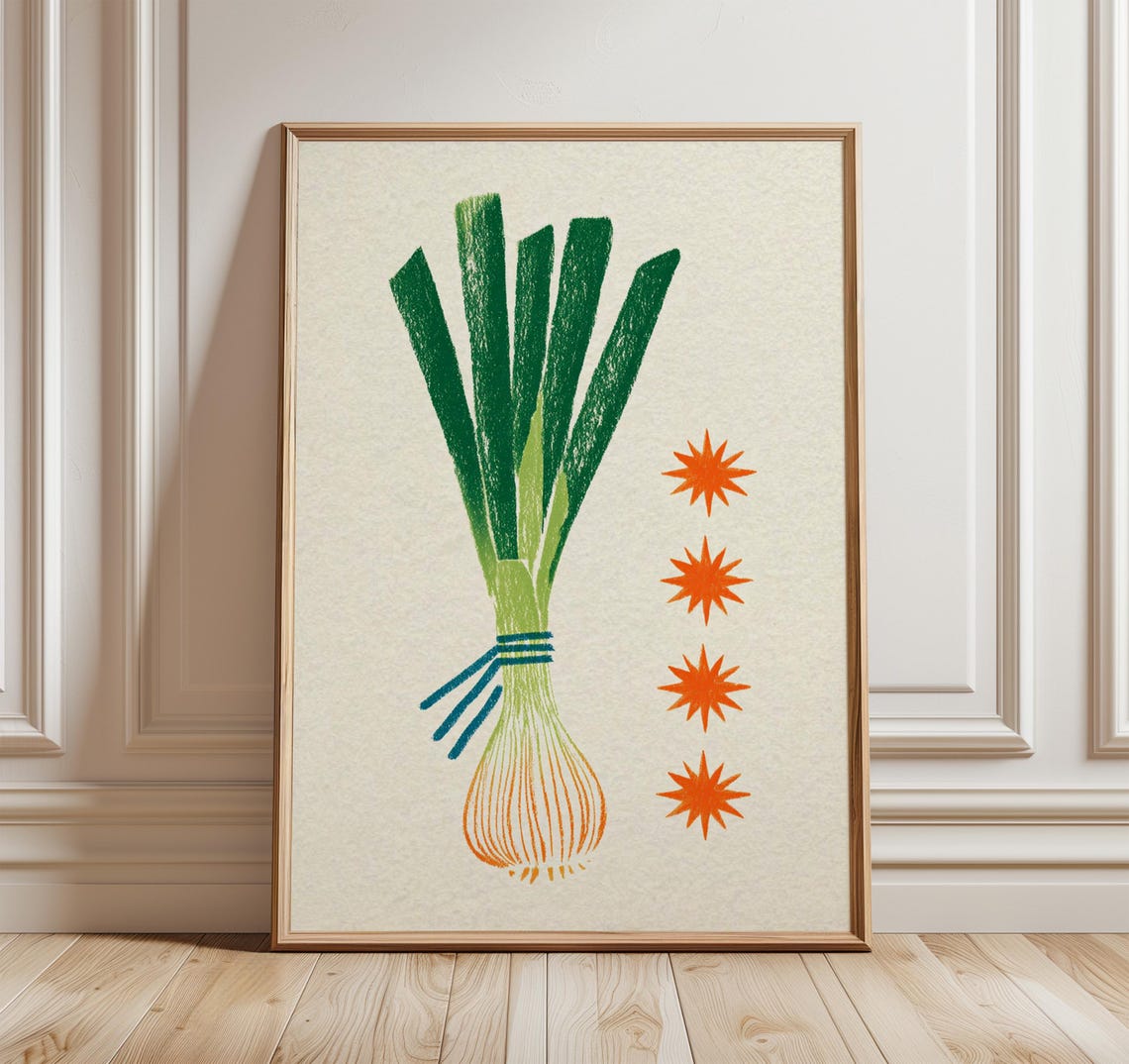Leek Kitchen Wall Art Minimalist Vegetable Poster Retro Food Illustration Modern Decor Print Scandinavian Style Artwork
