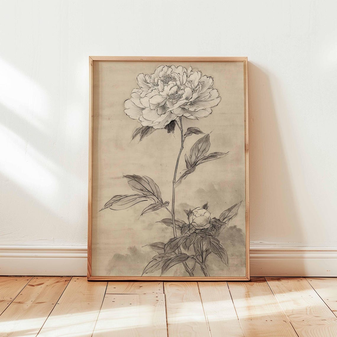 Peony Flower Japanese Ink Sketch Vintage Botanical Zen Art Poster