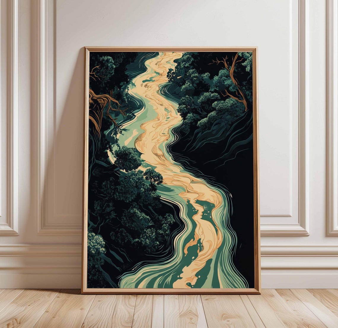 Golden River Winding Through a Dark Forest Aerial Art Poster