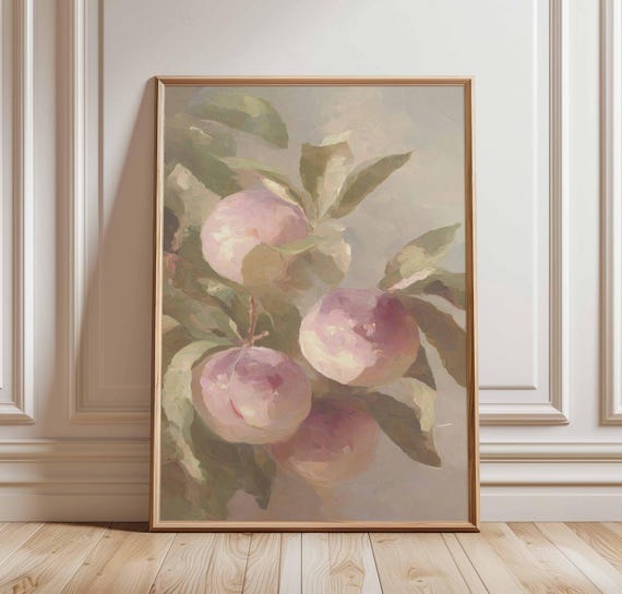 Peach Fruit Wall Art Print Vintage Botanical Poster Soft Pastel Kitchen Decor Rustic Orchard Still Life Elegant Country Artwork