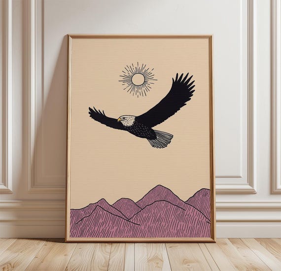 Eagle Flying Over Mountains Poster Mid Century Modern Minimalist Line Art Print Nature Landscape Wall Beige Pink Decor