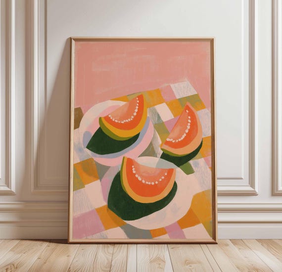 Watermelon Wall Art Summer Fruit Print Colorful Gingham Kitchen Poster Pink Food Modern Playful Picnic Decor