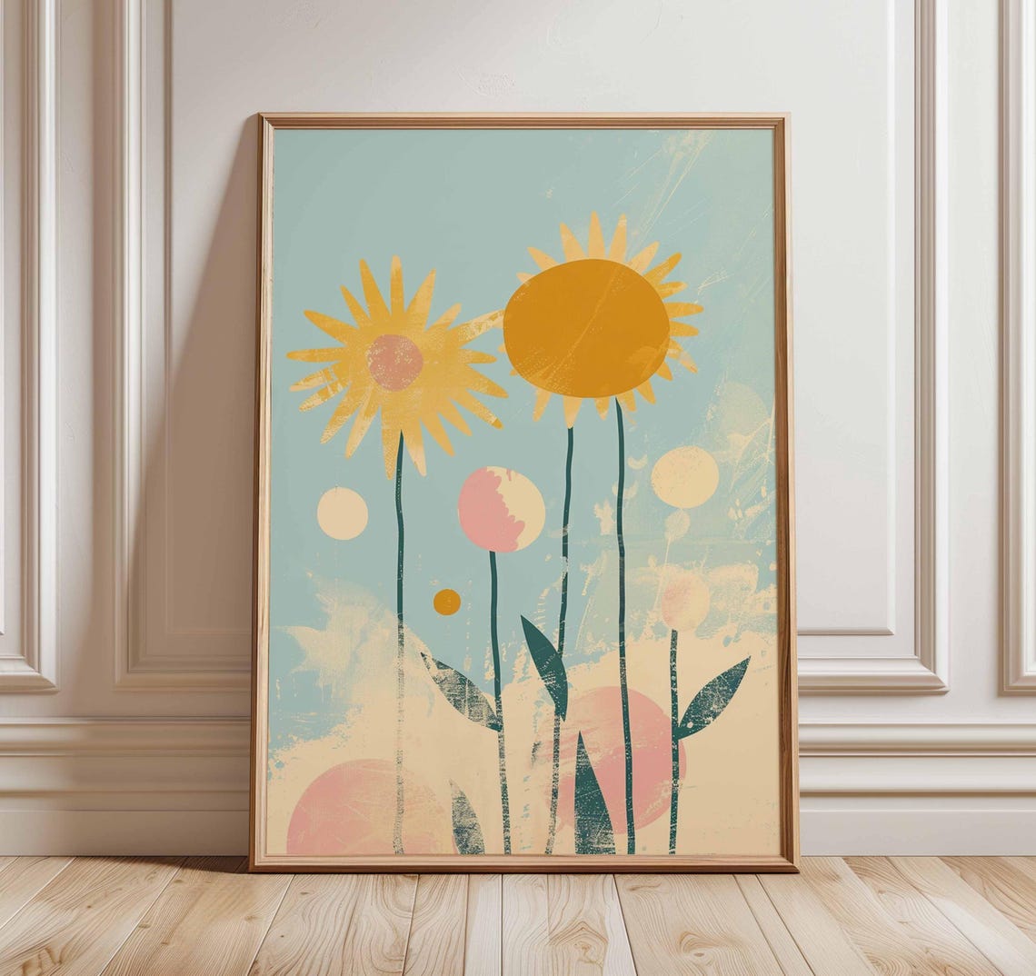 Retro Yellow Sunflower Blooms Mid Century Modern Floral Poster