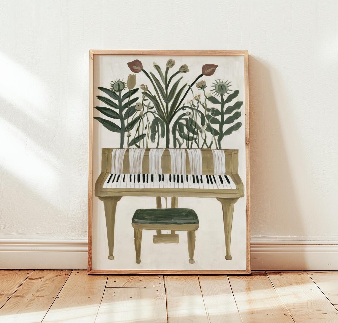 Floral Piano Poster, Folk Botanical Art Print
