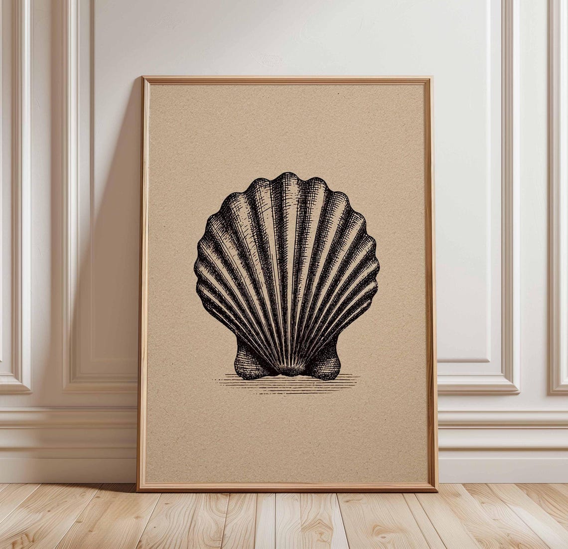 Vintage Seashell Engraving Coastal Nautical Black and Beige Wall Art
