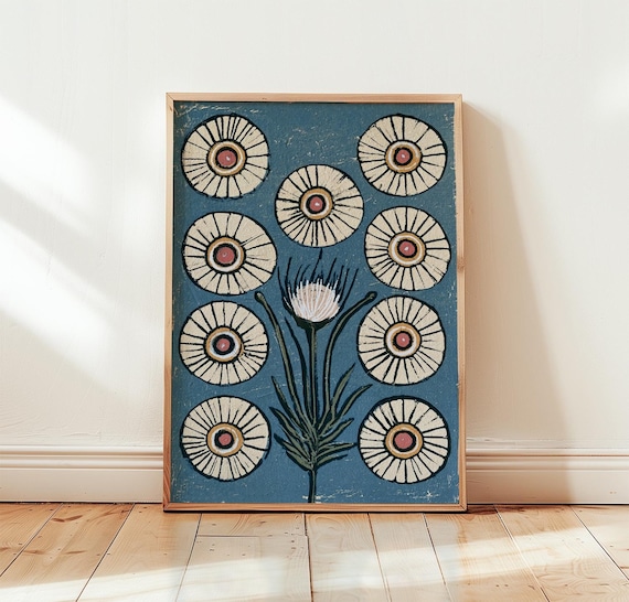 Blue Folk Floral Block Style Patterned Flowers Vintage Poster