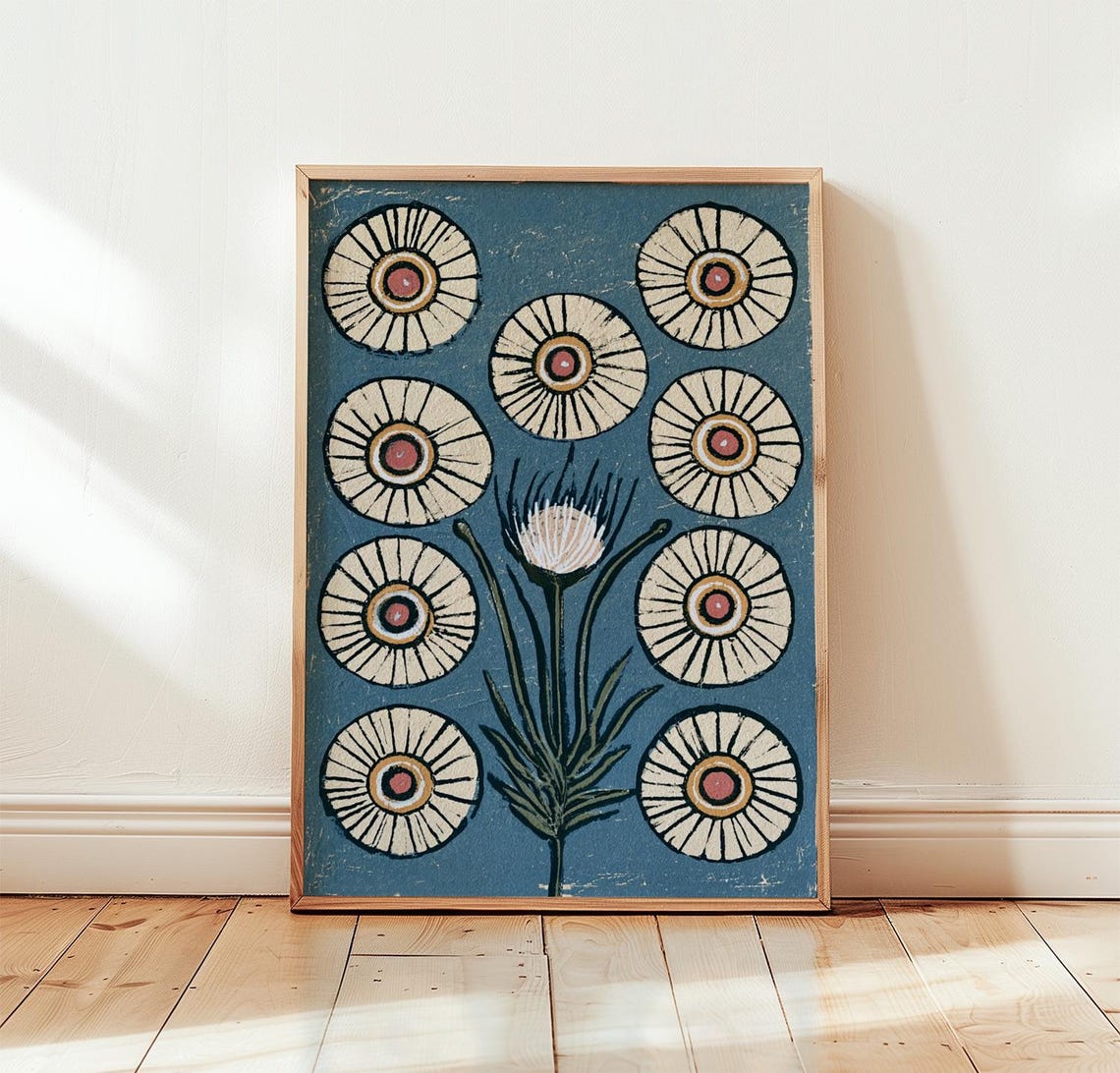 Blue Folk Floral Block Style Patterned Flowers Vintage Poster