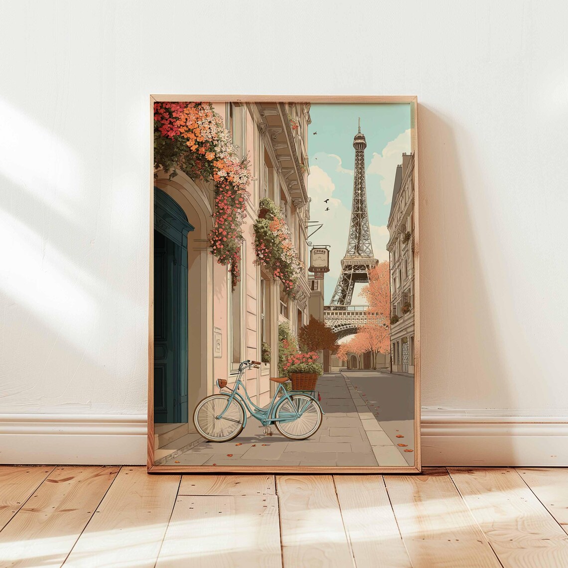 Paris Bicycle Eiffel Tower Flower Street Romantic Travel Art Poster
