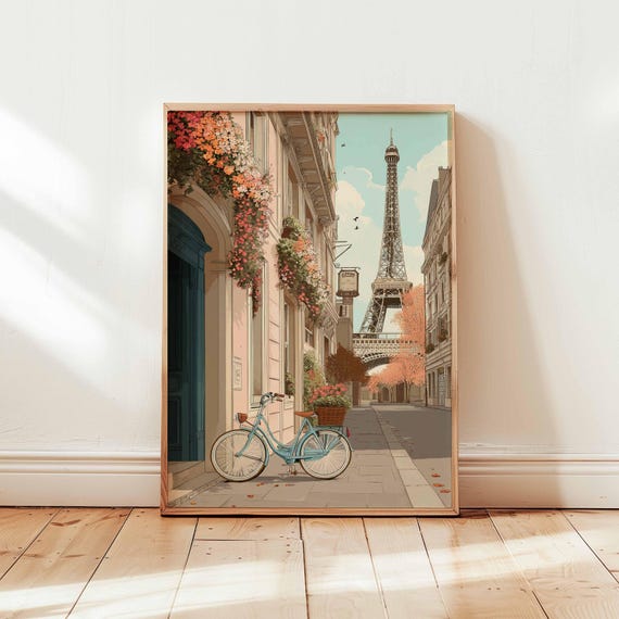 Paris Bicycle Wall Art Print Eiffel Tower Street Scene Poster Romantic French City Decor Unframed Travel Illustration Artwork