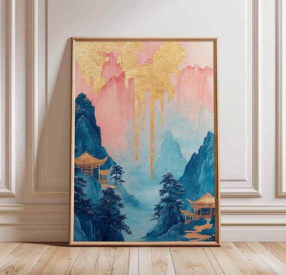 Blue Mountain Pagoda Japanese Gold Leaf Serene Landscape Wall Art