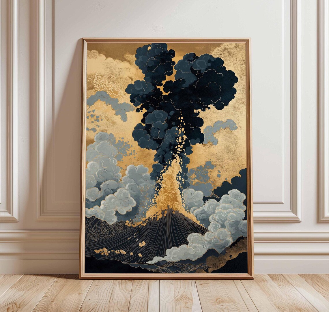 Volcano Eruption Black And Gold Japanese Inspired Nature Art Poster