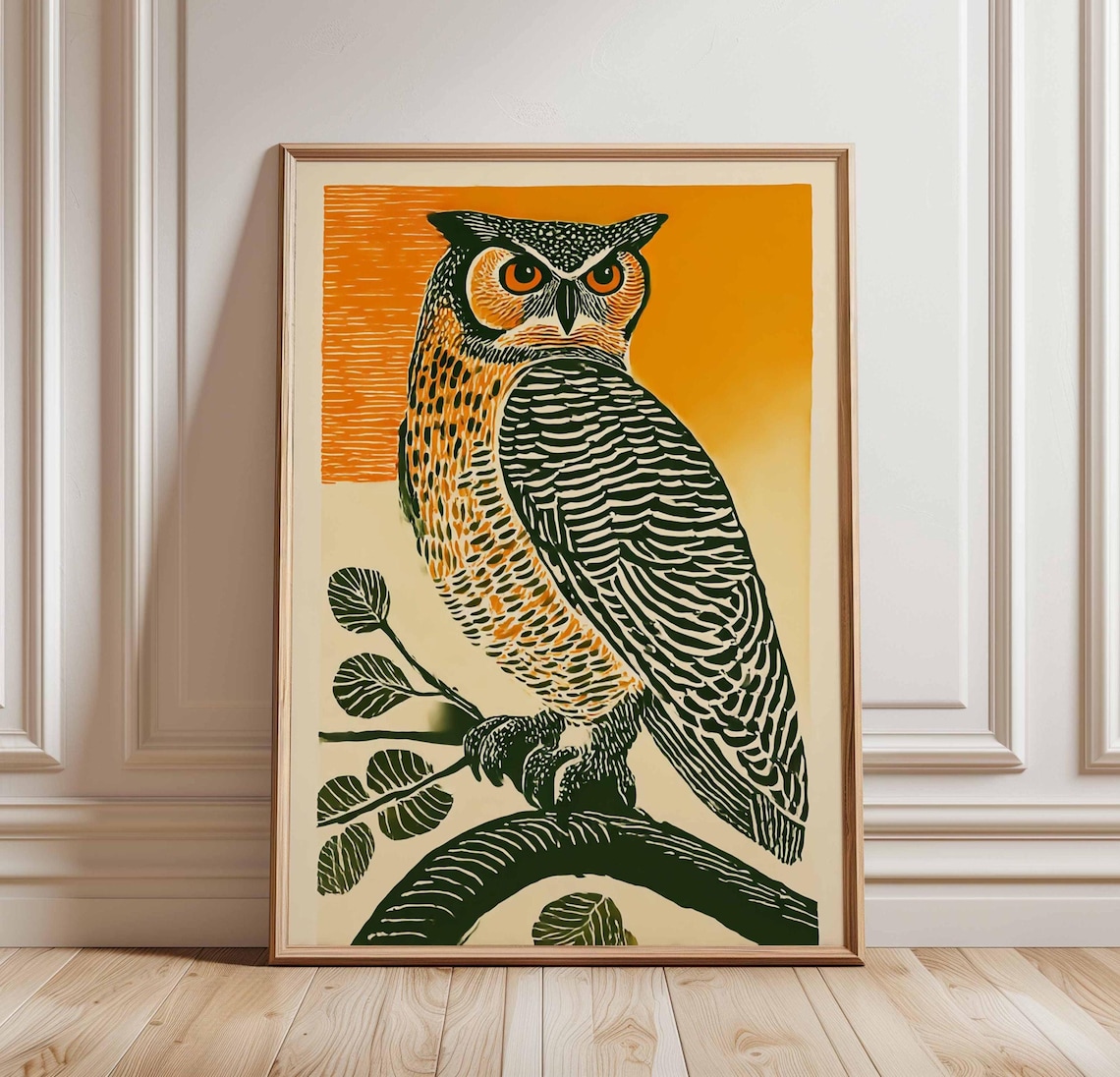 Great Horned Owl Poster Print, Linocut Style