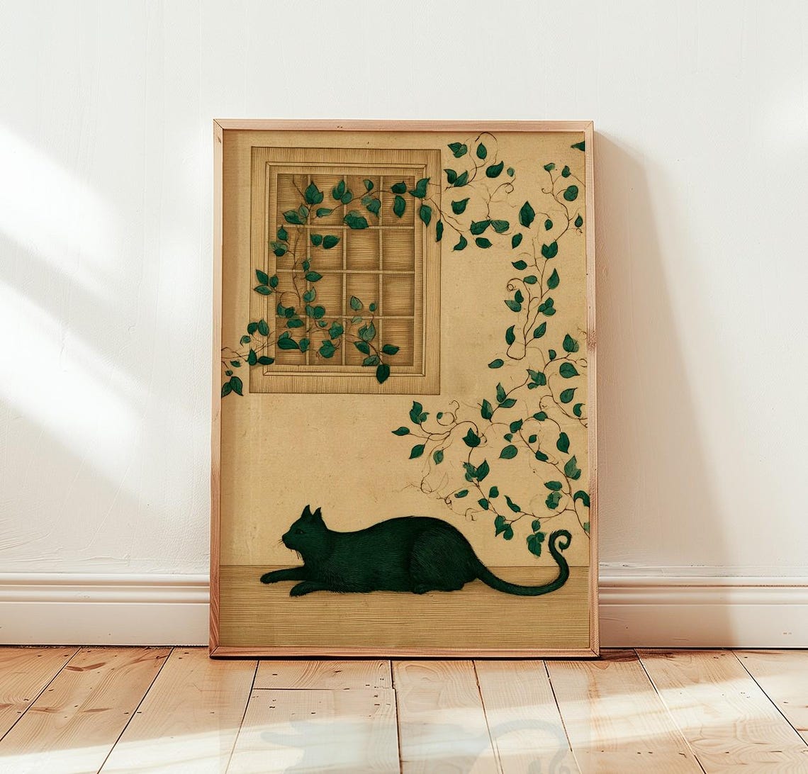 Black Cat And Ivy Wall Print Vintage Botanical Illustration Feline Art
