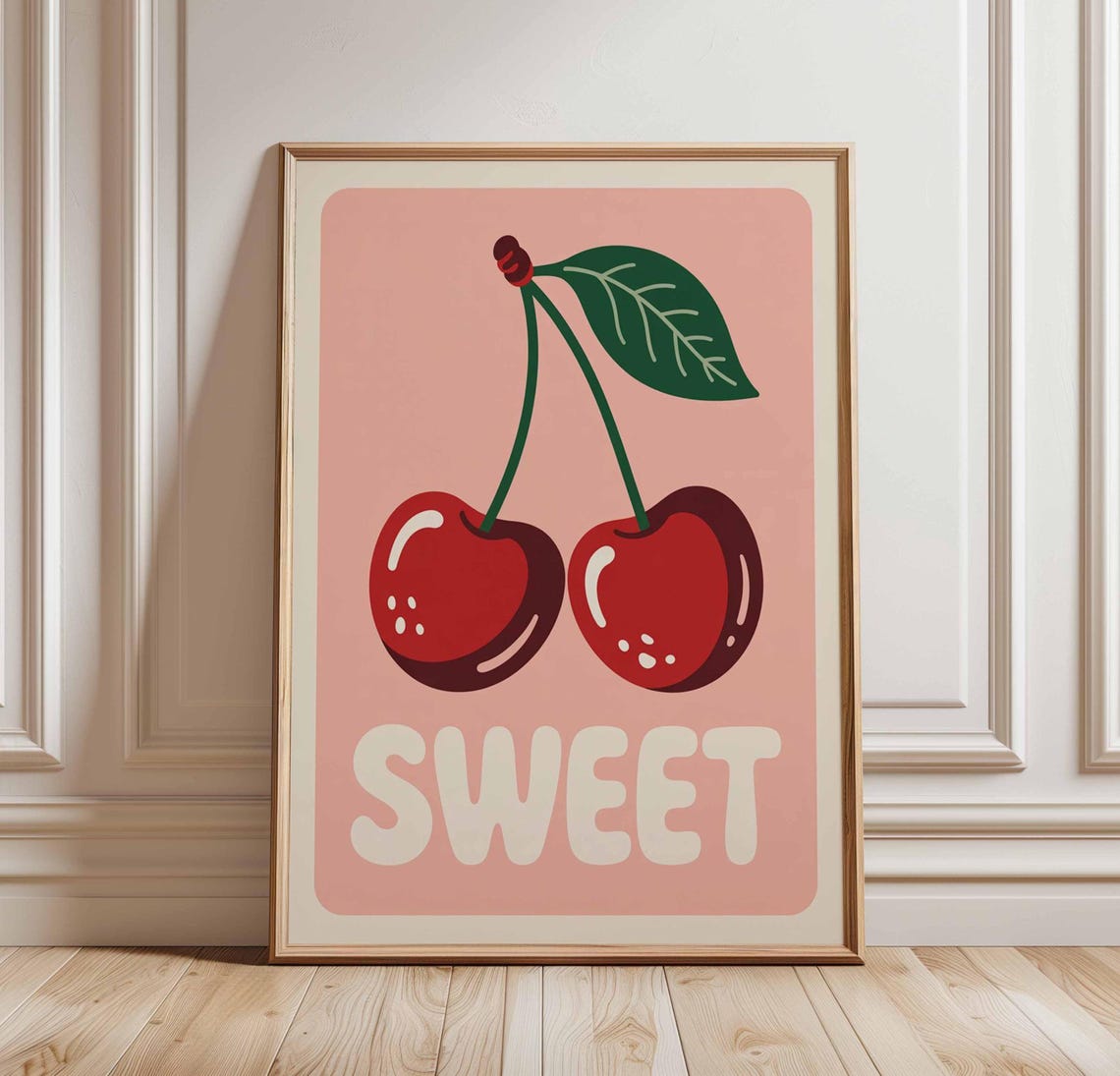 Sweet Retro Cherry Pair Bold Cute Fruit Illustration Pink Poster
