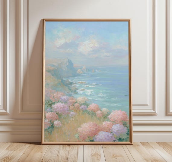 Coastal Flowers Poster Pastel Seascape Wall Art Impressionist Ocean Painting Serene Landscape Print Romantic Decor Artwork