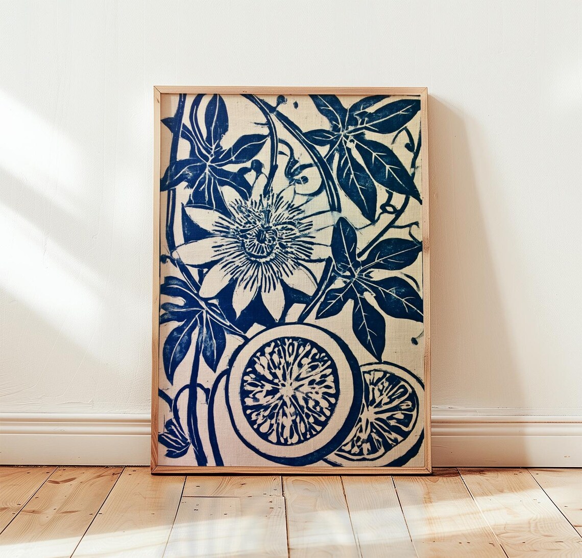 Blue Passionflower Print, Cream Botanical Batik Poster