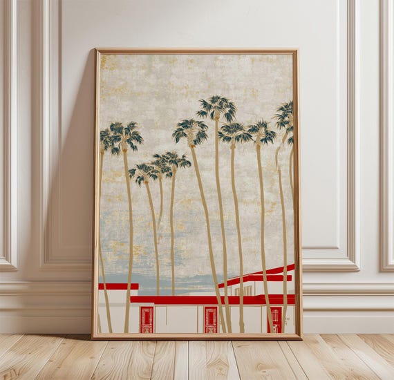 Retro Palm Trees Poster, Mid-Century Coastal Art