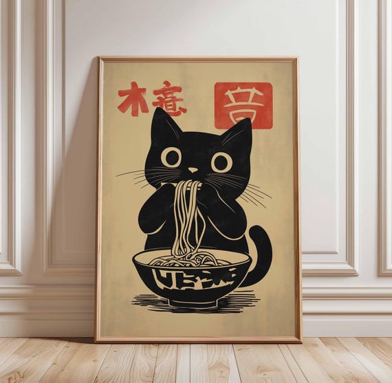 Black Cat Ramen Poster Japanese Food Art Cute Noodle Print Kawaii Asian Wall Decor Bowl Kitchen