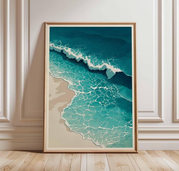Ocean Wave Poster Aerial Beach Print Coastal Wall Art Turquoise Sea Foam Shoreline Illustration Minimalist Modern Seascape Decor