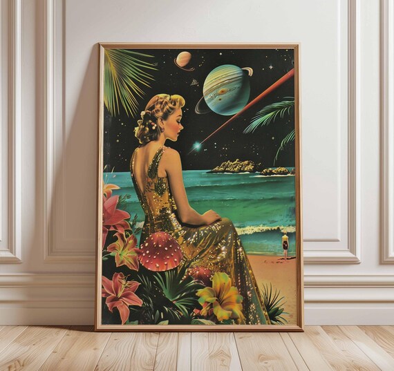 Retro Space Girl Gold Gown Beach with Planets Surreal Cosmic Art Poster
