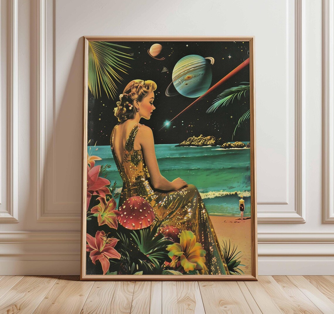 Retro Space Girl Gold Gown Beach with Planets Surreal Cosmic Art Poster