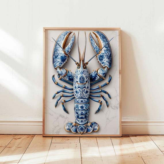 Blue Lobster Delft Porcelain Style Coastal Art Print