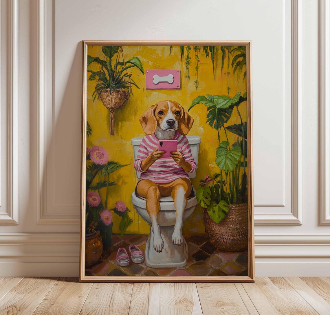 Funny Beagle On Toilet With Phone Yellow Bathroom Art Poster