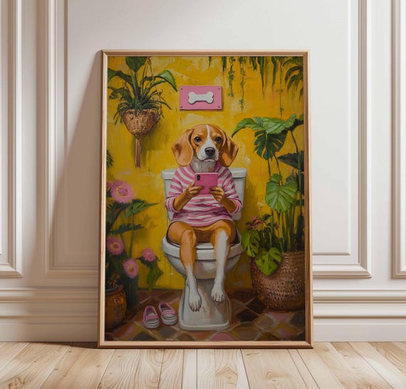 Funny Dog Bathroom Art Print Beagle On Toilet Poster Tropical Wall With Pink Accents Humorous Decor For