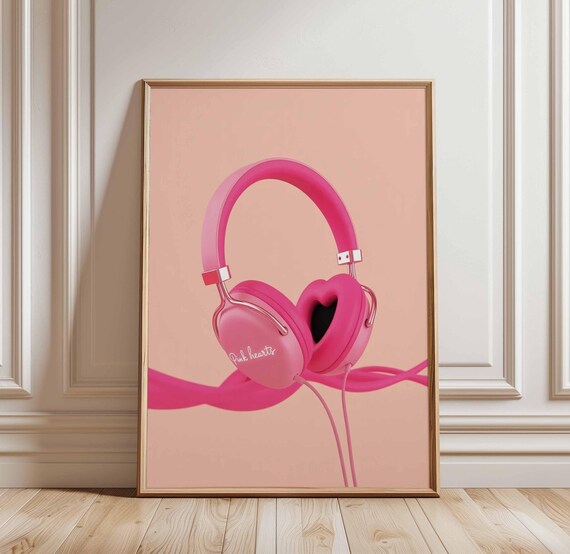 Pink Heart Ear Cup Headphones Music Pop Art Girl Room Poster