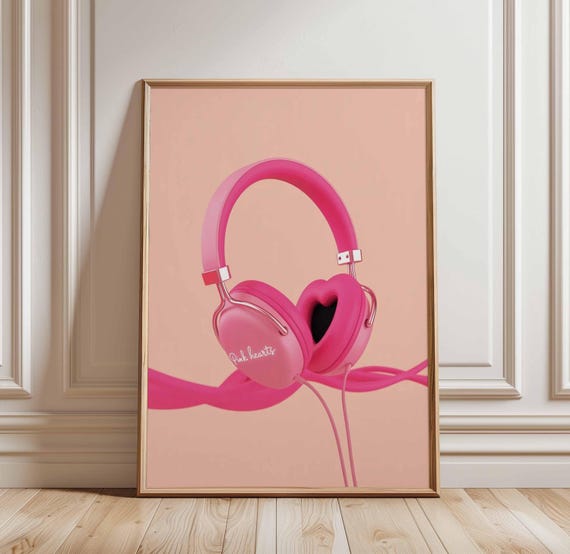 Pink Heart Headphones Poster Pop Art Music Wall Print Cute Girl Room Decor Audio Lover Gift Trendy Bedroom Artwork