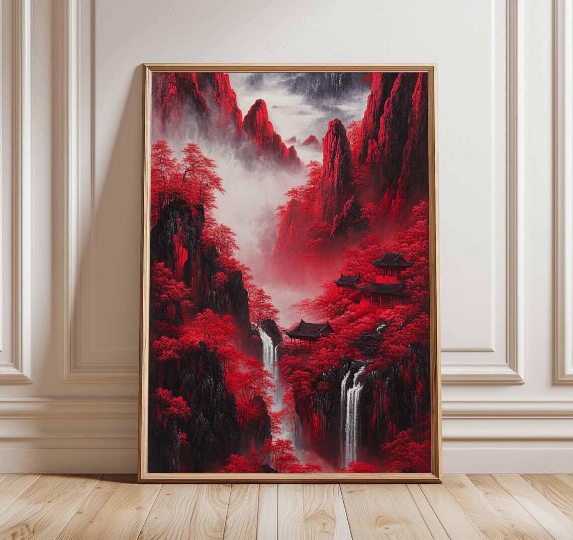 Crimson Red Chinese Mountain Waterfall Temples Misty Art Poster