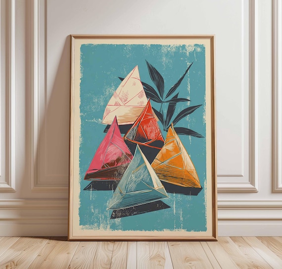 Geometric Origami Pyramid Sails Mid Century Abstract Art Poster
