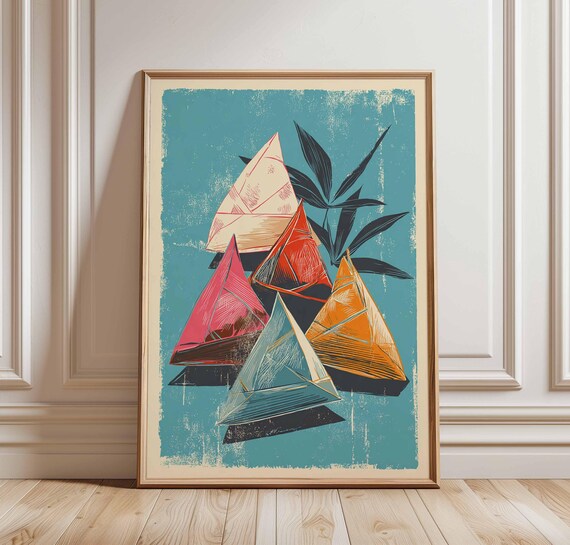 Geometric Pyramid Wall Art Print Mid Century Abstract Poster Bold Colorful Shapes Retro Modern Decor For Living Room