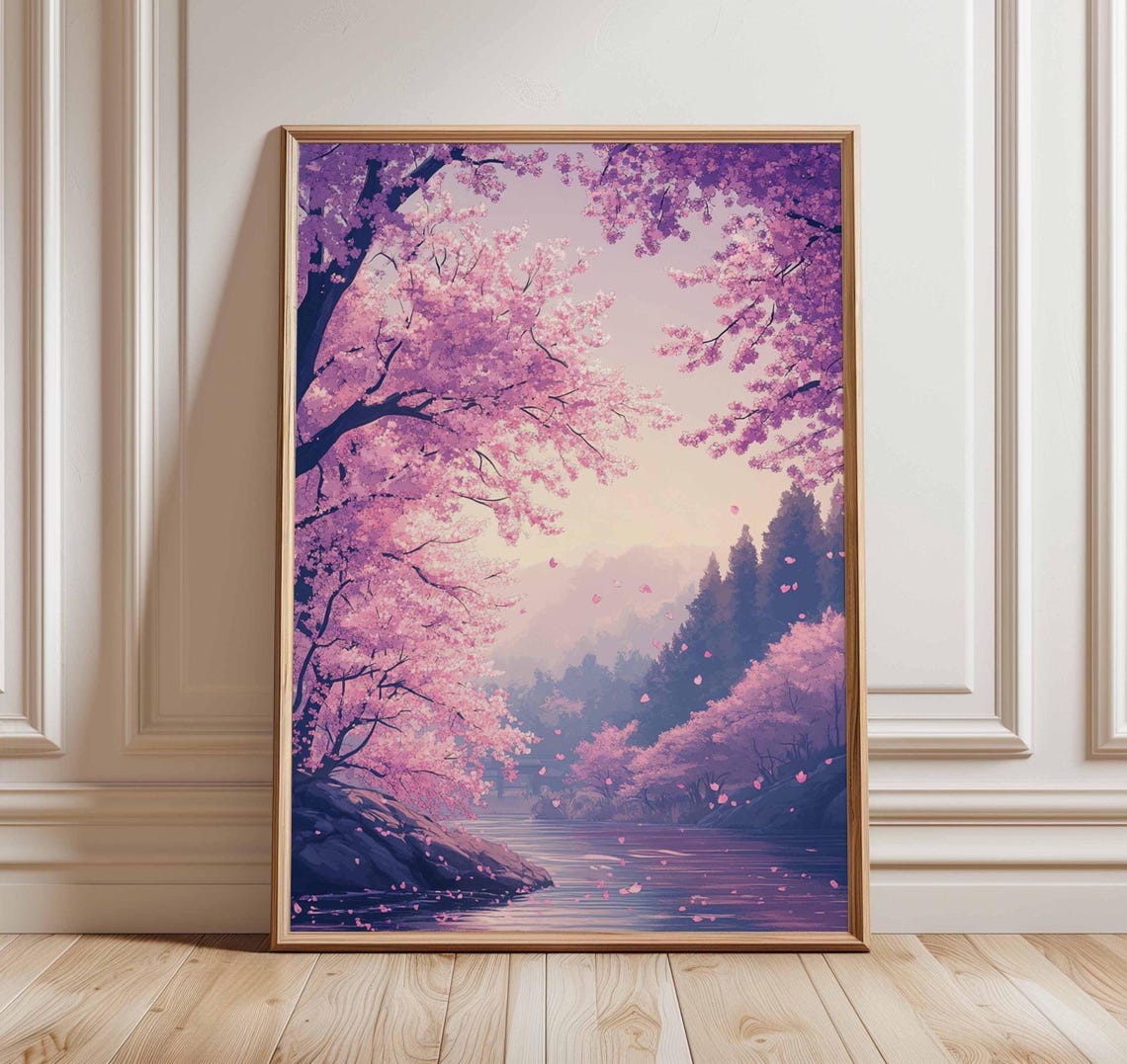 Pink Cherry Blossoms By A Tranquil River Spring Scene Poster